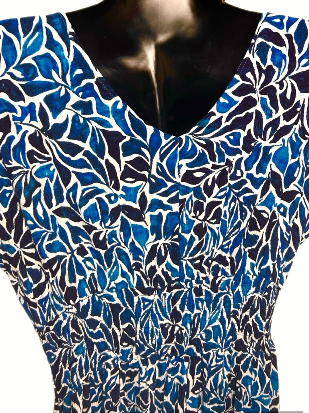 Blue Floral Print Women's Dress - Elegant V-Neck - Picture 13 of 14